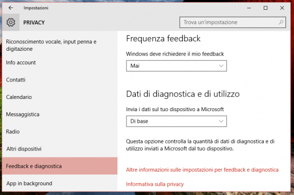 Impostazioni > Feedback e diagnostica