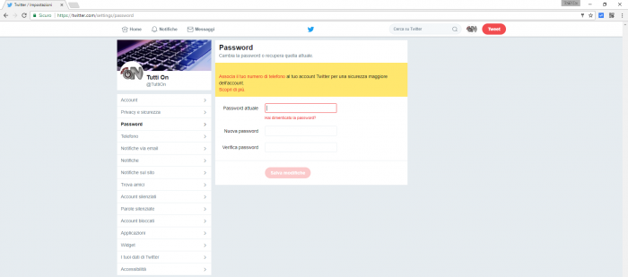 cambiare password twitter - 2