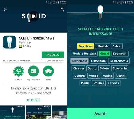 Squid News Play Store e selezione argomenti